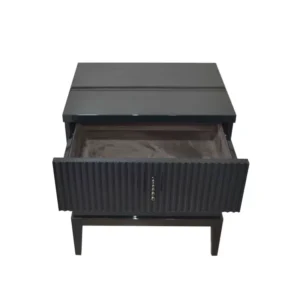 Alternative view of Italian night table in glossy green smarald lacquered wood